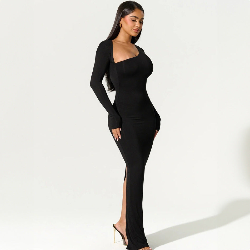 Women Clothing Summer Sexy Slim Fit Slimming Long Sleeves Diagonal Collar Back Slit Dress