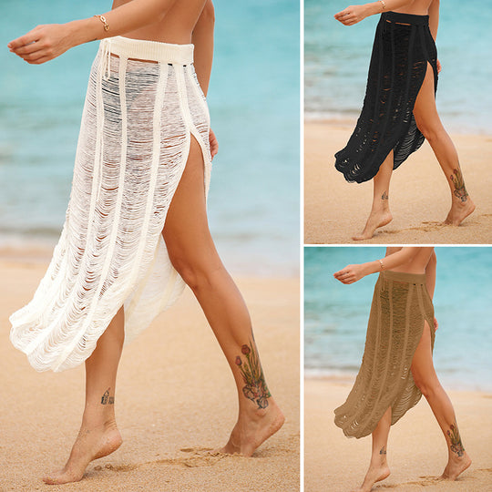 Sunscreen Sexy See through Split Beach Seaside Vacation Lace up Knitted Skirt