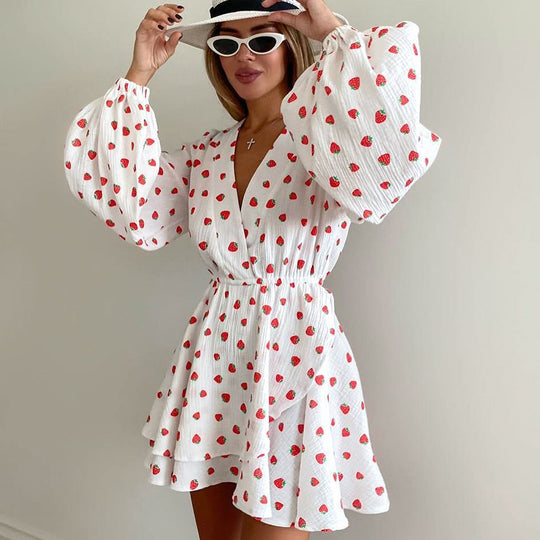 Autumn Strawberry Printing A Long Sleeve Cotton Linen Crepe V neck Lantern Sleeve Dress Women