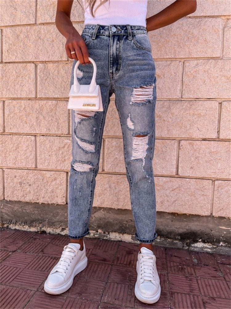 Fall Winter Straight Pants Street Hipster Washed Trousers High Waist Blue Jeans