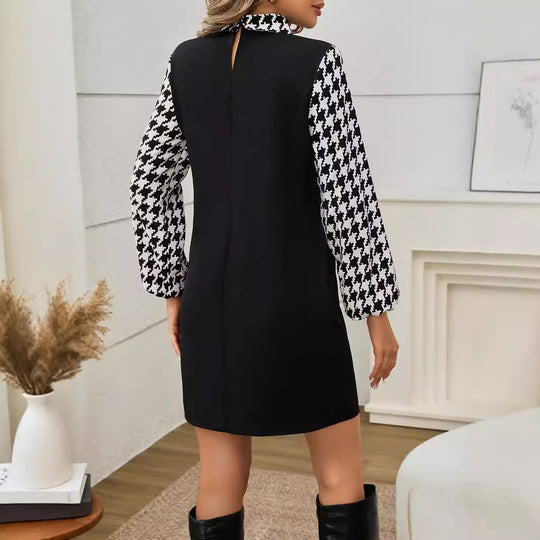 Women Autumn Elegant Graceful Office Houndstooth Patchwork Puff Sleeve Dress