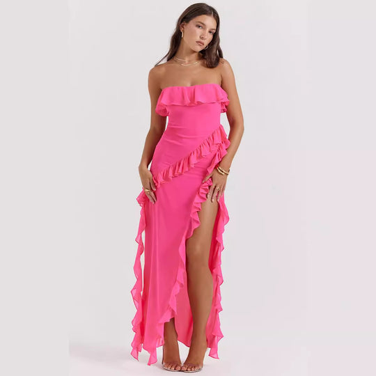 Summer Sexy Ruffles Wrapped Chest Split Sleeveless Off The Shoulder Dress Dress