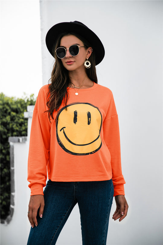 Autumn Winter round Neck Smiley Face Printing Casual Long Sleeve Smiley Face Sweatshirt