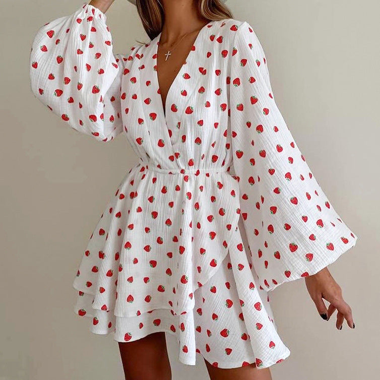 Autumn Strawberry Printing A Long Sleeve Cotton Linen Crepe V neck Lantern Sleeve Dress Women