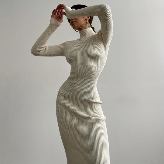 High Collar Mid Length Sunken Stripe Knitted Dress Women Solid Color Wool Tight Sexy Autumn Winter Dress