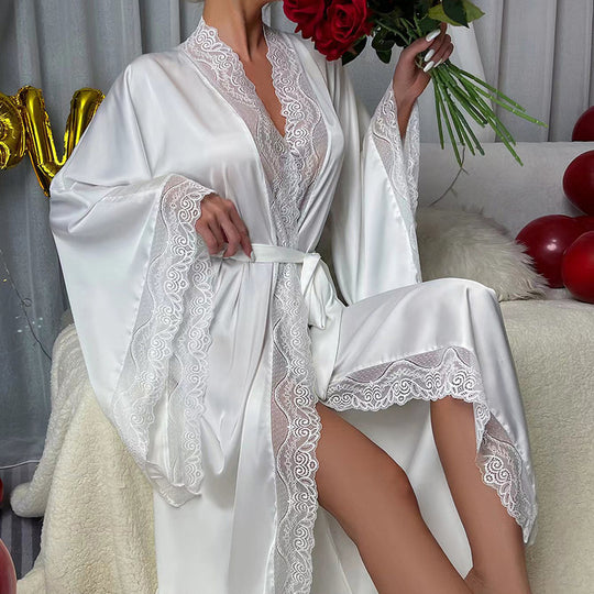 Satin Pajamas Women Lace Light Luxury Long Sleeve Cool Nightgown Bathrobe Home Wear Women