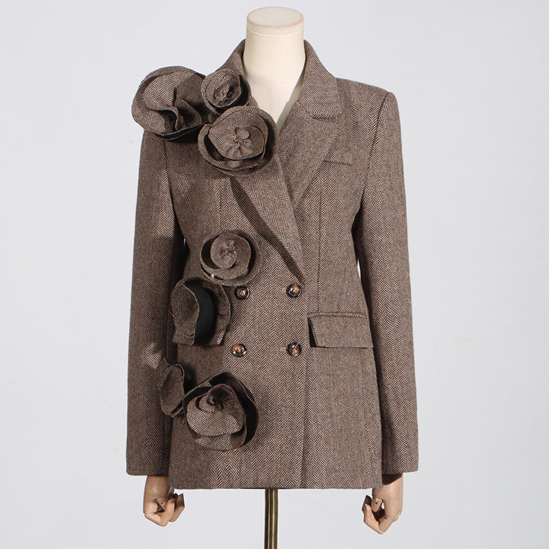 Autumn Office Handmade Three Dimensional Floral Decoration Stitching Double Breasted Women Blazer