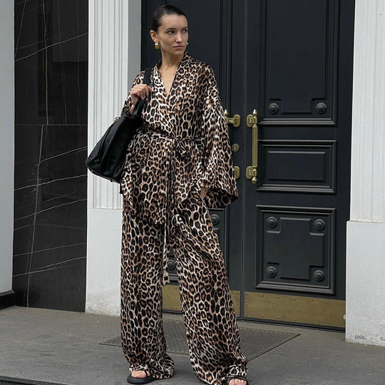 Summer Loose Leopard Print Homewear Can Be Worn Outside Polyester Nightgown Trousers Two Piece Set