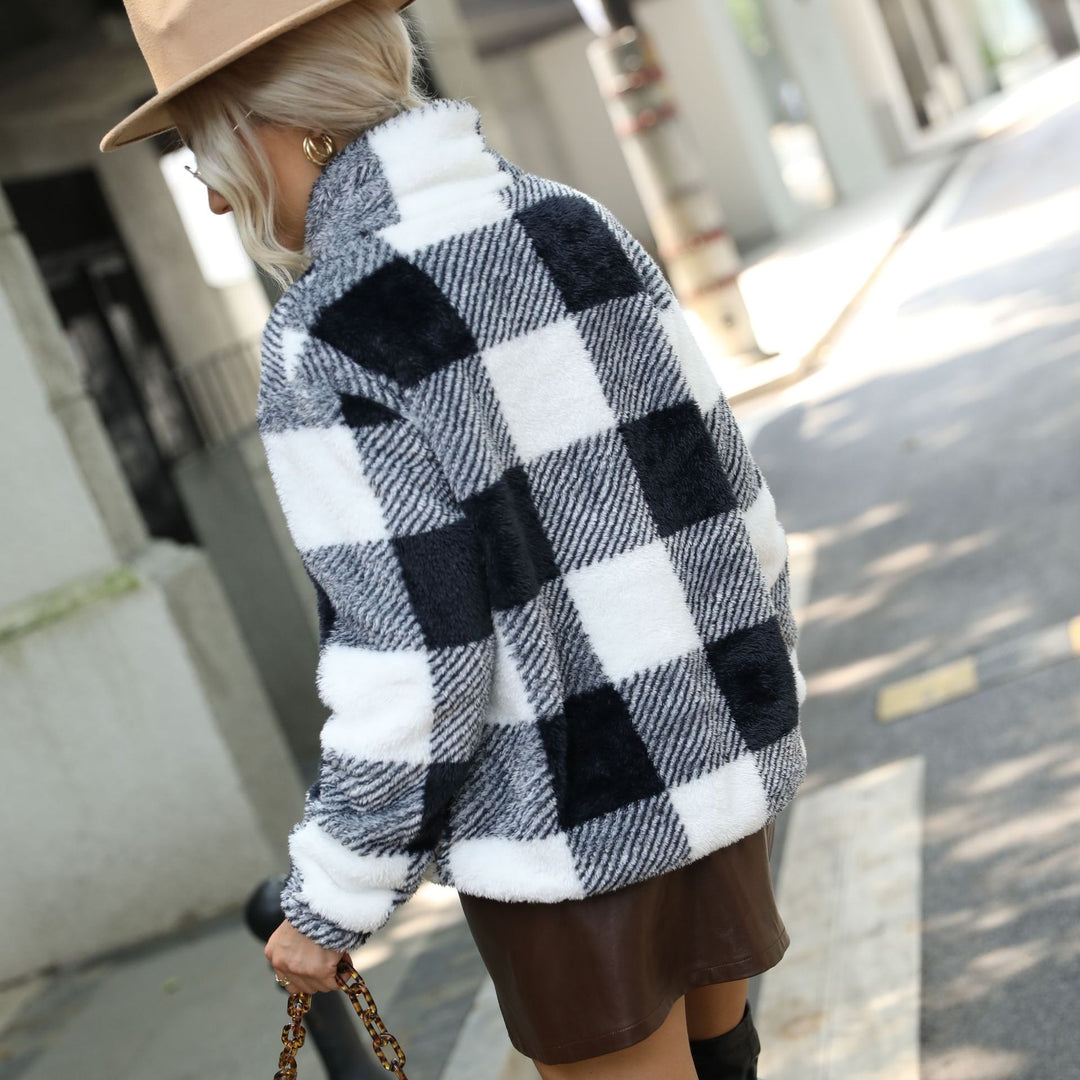 Ladies Long Sleeve Pullover Plaid Printed Round Neck Plush Regular Plush Pullover Sweater