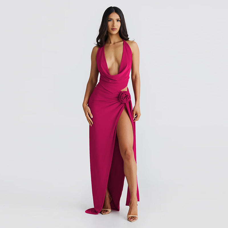 Summer Women Clothing Lace Up Backless Sexy Deep V Plunge Neck Halter Sling High Slit Mid Length Skirt Set