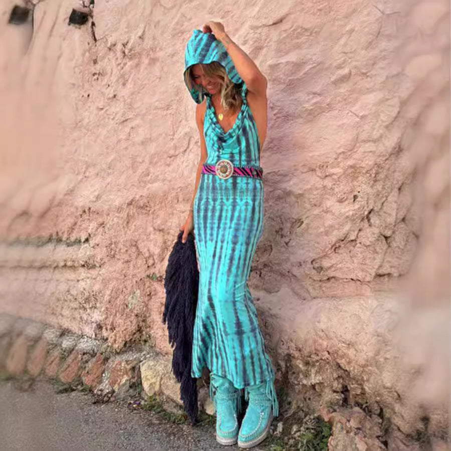 Spring Summer Hooded Backless Print Ethnic Dress Women