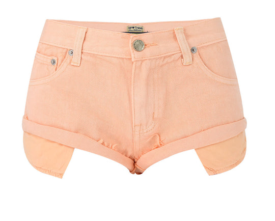 Women Clothing Low Waist Sexy Non Elastic Pinky Orange Denim Shorts Loose Fitting Curl Exposure Pocket Beach Pants Orange