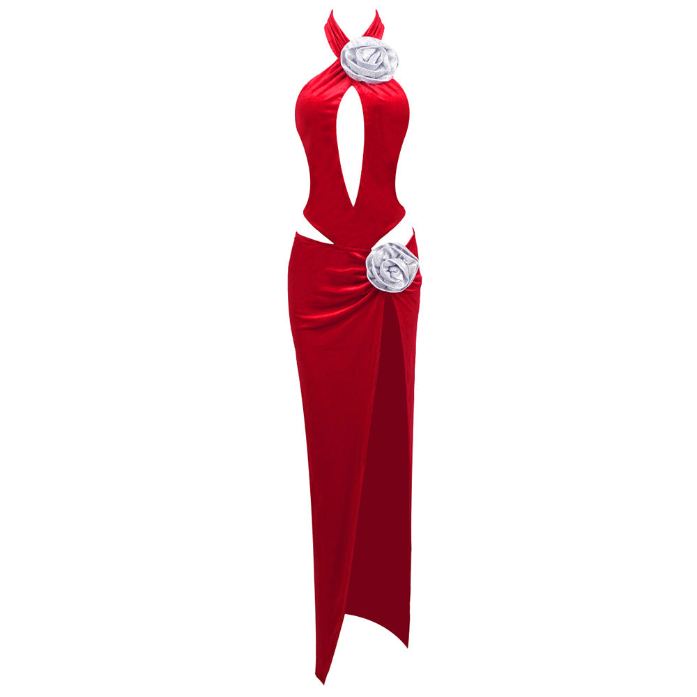 Red Rhinestone Three Dimensional Floral Hollow Out Cutout Velvet Dress Backless Formal Dress