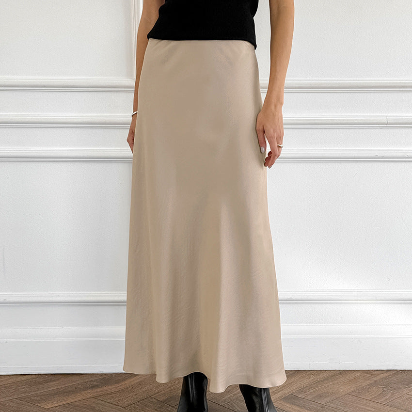 Imitation Acetate Satin Khaki A Swing High Waist Casual Skirt Autumn Long Skirt for Women