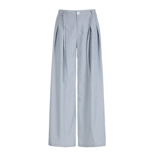 Casual High Waist Slimming Pleated Design Loose Wide Leg Pants Women Summer Stripes Woven Straight Leg Pants