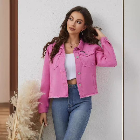 Women Pink Short Denim Coat Slimming Fashionable Spring