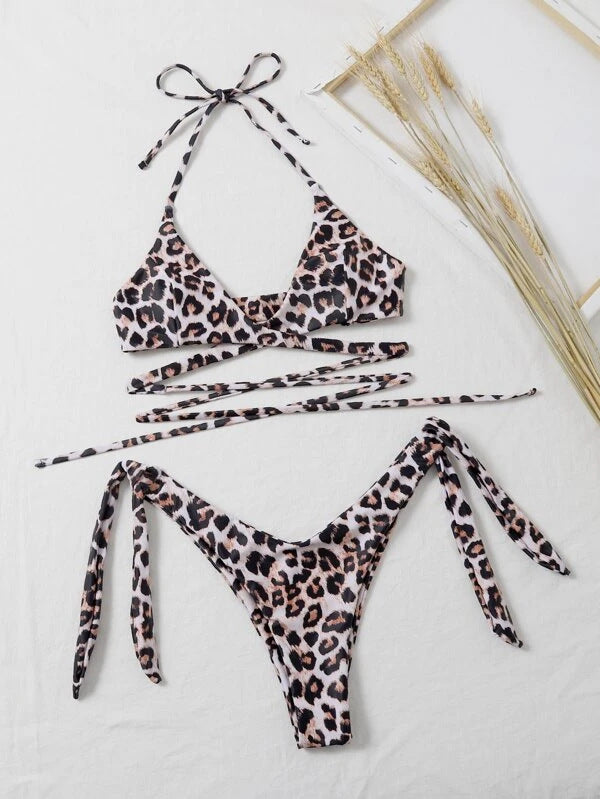 Bikini Women Sexy Leopard Print Lace Up Split Swimsuit