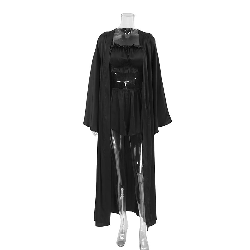 Light Luxury Black Satin Comfortable Robe Suspender Shorts Pajamas Three Piece Set Homewear