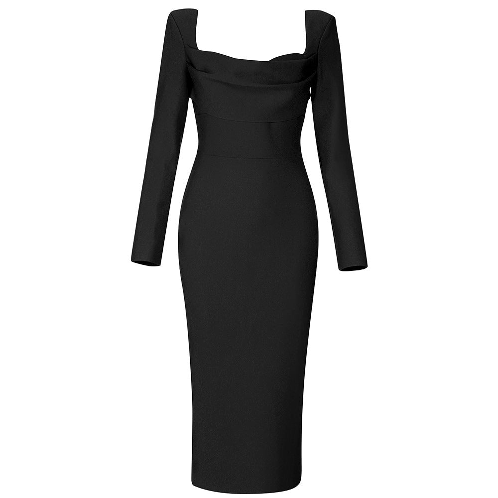 Bandage Simple Sexy Square Neck Back Slit Long Sleeve Slim Dress Women