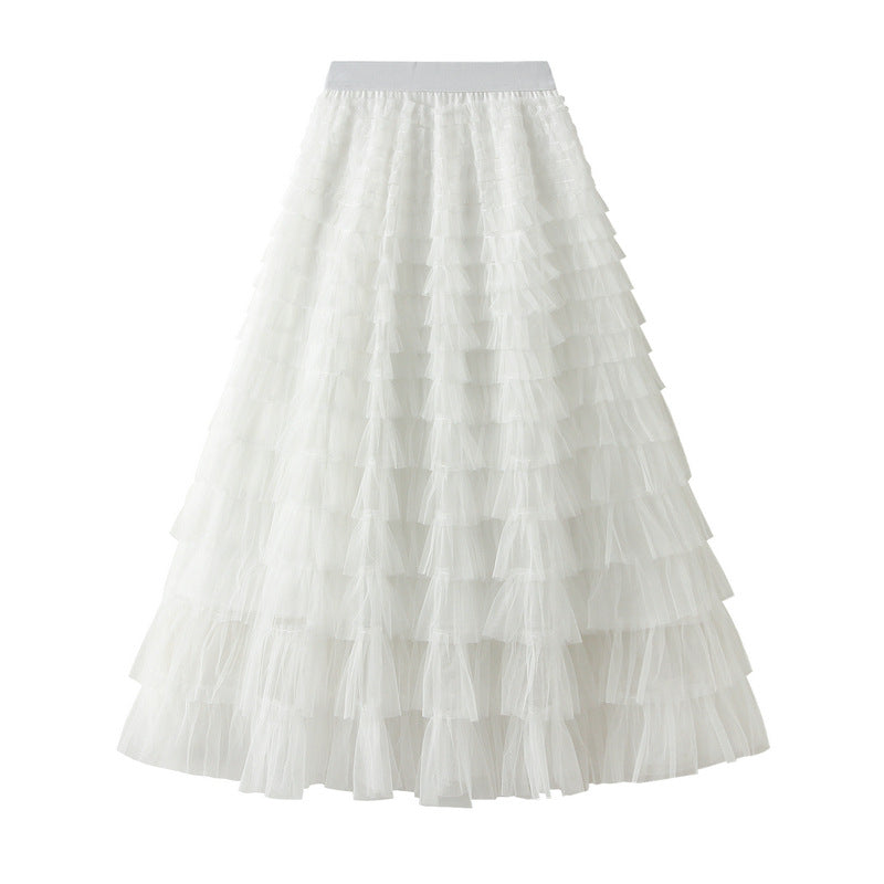 Mesh Tiered Skirt Women Spring Autumn Dress Fairy White Yarn Skirt Pleated