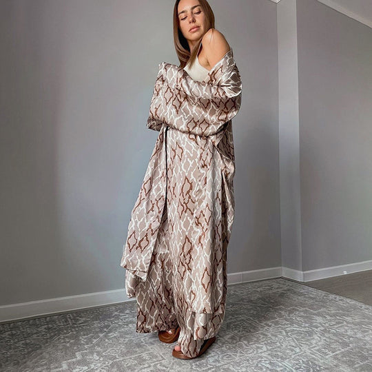 French Sexy Elegant Artificial Silk Printed Loose Long Sleeves Nightgown Trousers Two Piece Set Autumn Winter Home Wear