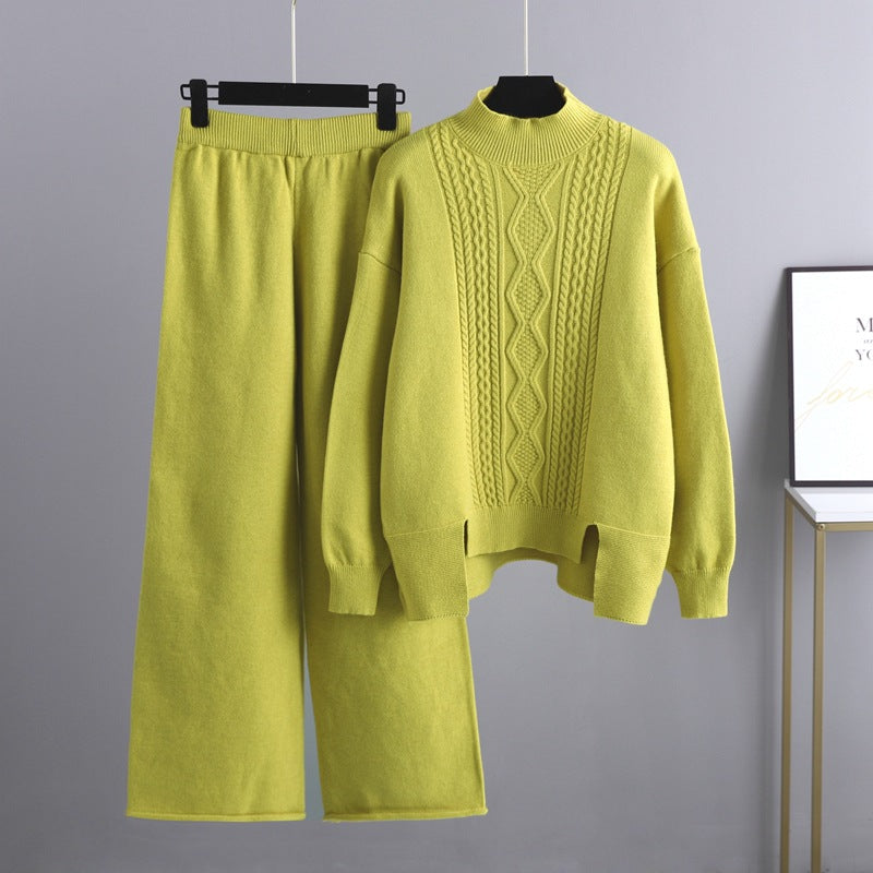Autumn Winter Slimming Knitted Suit Women Thickened Loose Turtleneck Sweater Wide Leg Pants Two Piece Suit