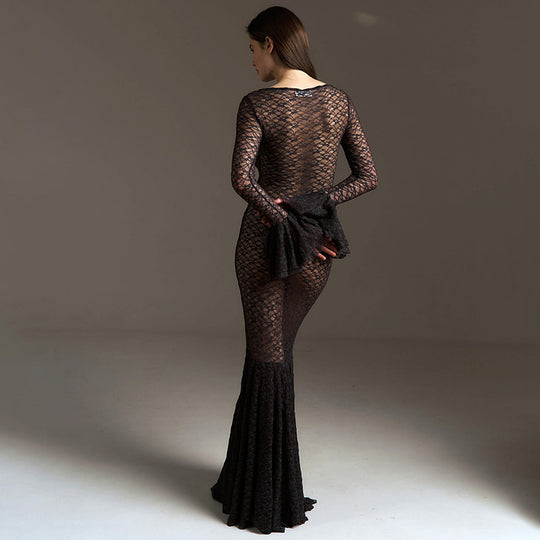 Women Clothing Summer Sexy See through Lace round Neck Tight Lace Fishtail Length Dress