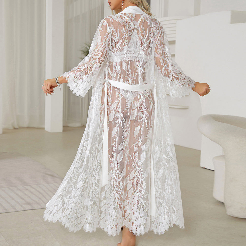 Ladies Robe Sexy Lace Stitching Pajamas Bathrobe Cardigan See Through Pajamas