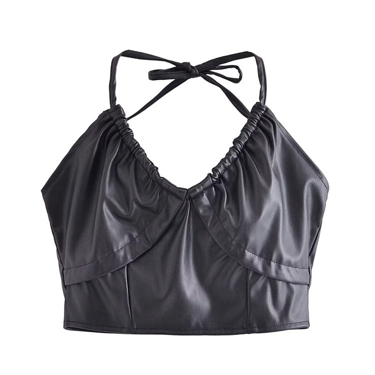 Trendy Sleeveless Zipper Faux Leather Faux Leather Bandeau Sling Top