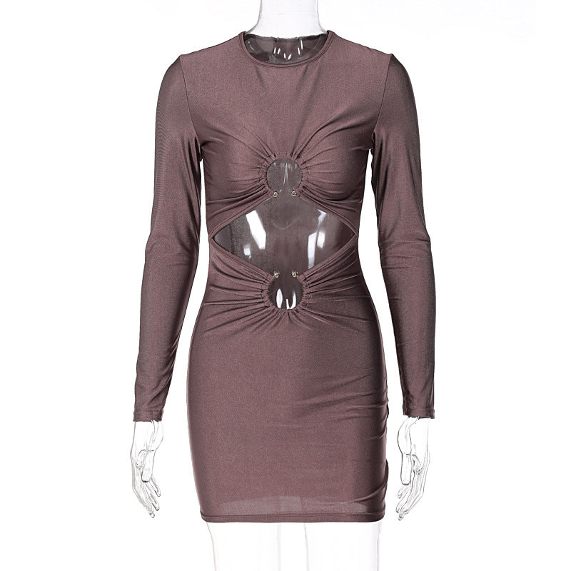 Women Clothing Summer Sexy Hollow Out Cutout round Neck Long Sleeve Narrow Dress