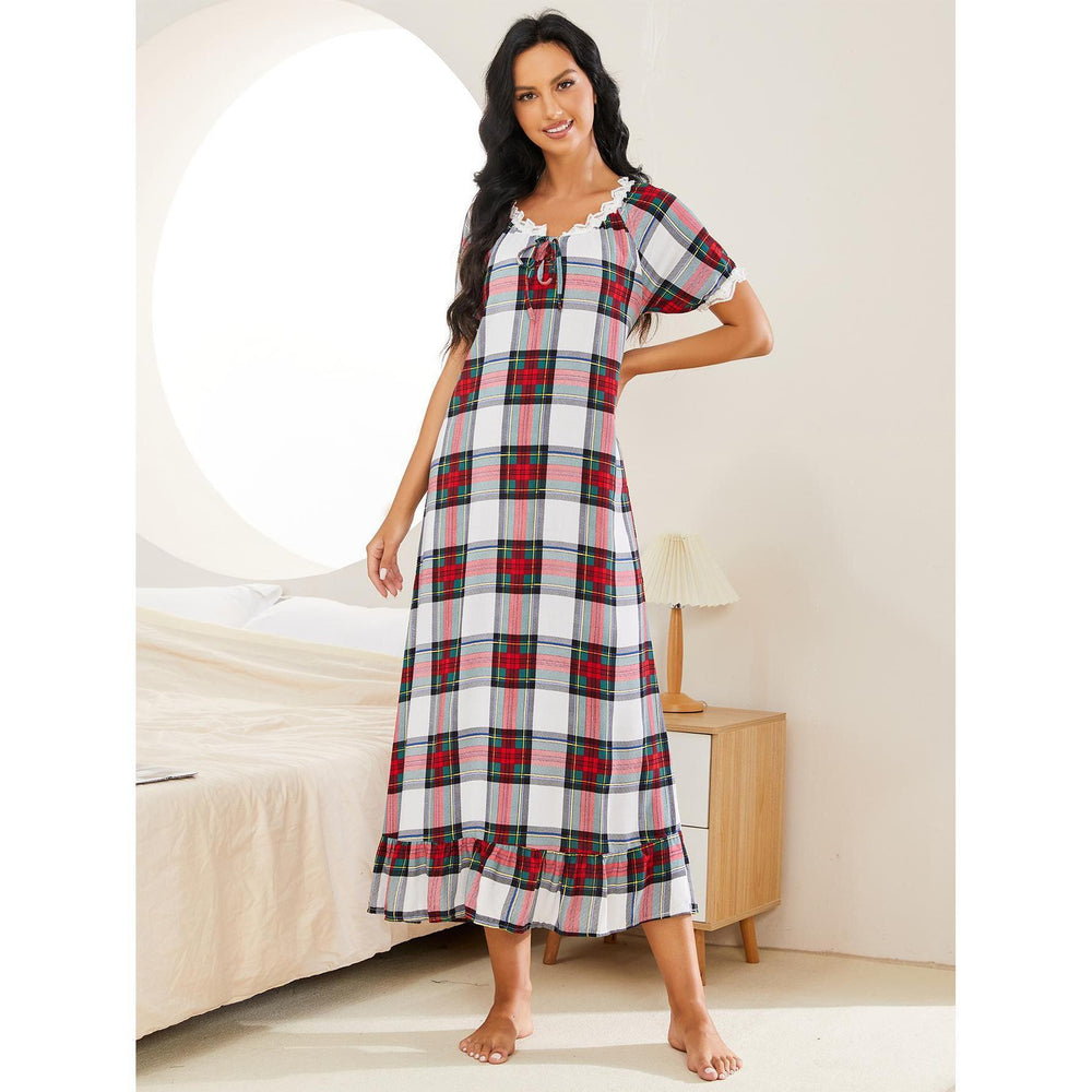 Spring Autumn Plaid Short-Sleeved Nightdress Women Wear outside One Piece Homewear Clothing Night Dress