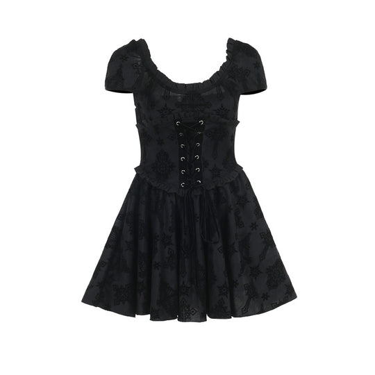 Autumn Dark Elegant Slim Cross Flocking Dark Pattern Dress Women