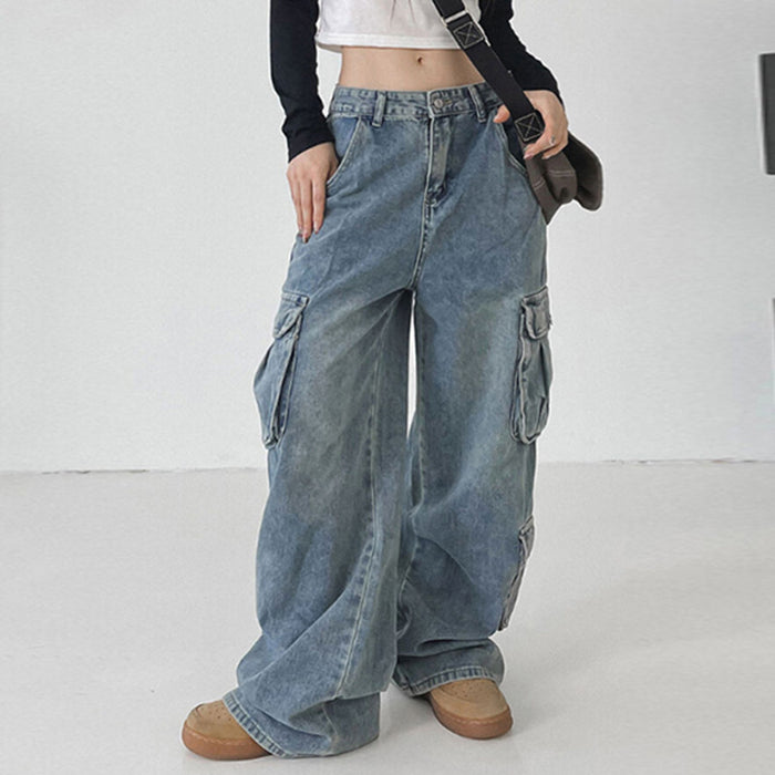 Big Workwear with Pocket Jeans Women's Distressed Blue Loose-Fitting Drape Straight Mop Trousers
