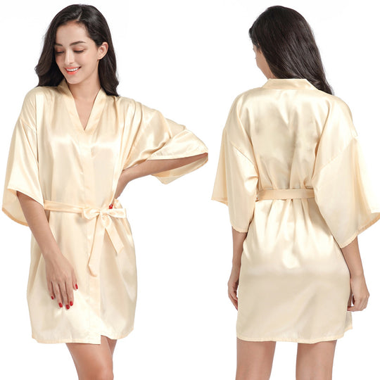 Ladies Robe Artificial Silk Satin Kimono Gown Glossy Solid Color Thin Cardigan Gown Summer Sexy Short Bathrobe