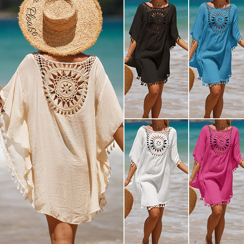 Vacation Hand Crocheting Solid Color Stitching Beach Dress Fimbrilla Sun Protection Short Sexy Beach Blouse