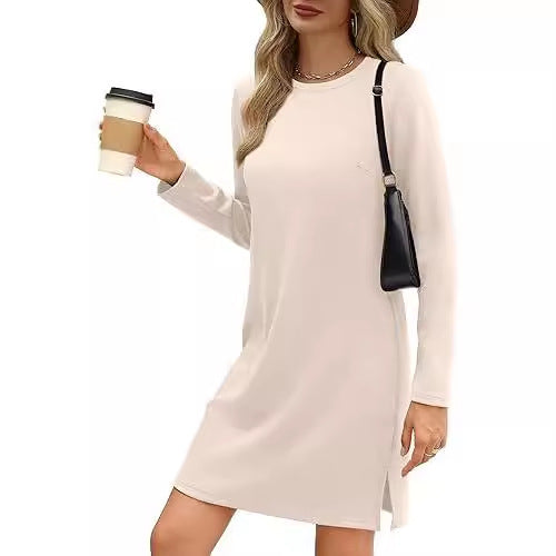 Women Clothing Round Neck Slit Hemline At Hem Sweater Long Sleeve Casual Dress