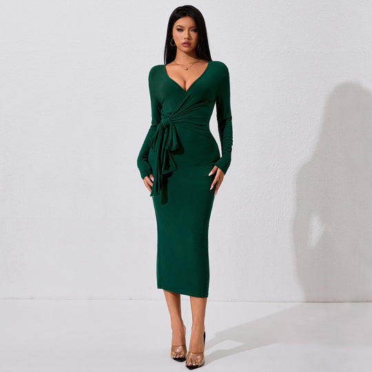 Women Clothing High Cold Elegant Dress Autumn Winter High Sense Anti Aging Lace up Midi Dress