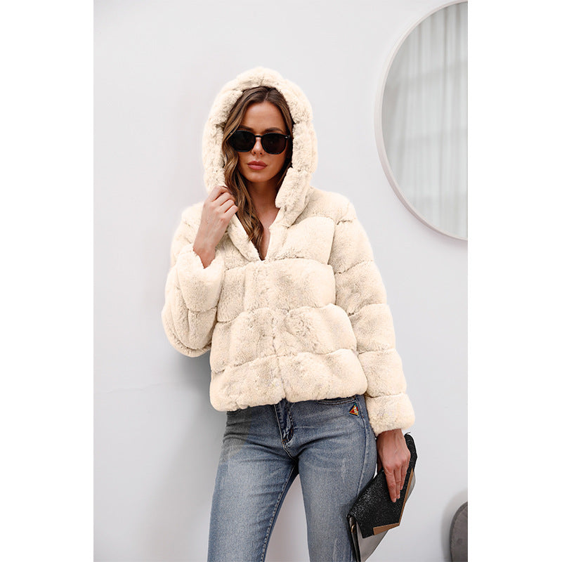 Short Solid Color Loose Horizontal Hooded Coat Faux Fur Autumn Winter Warm Coat