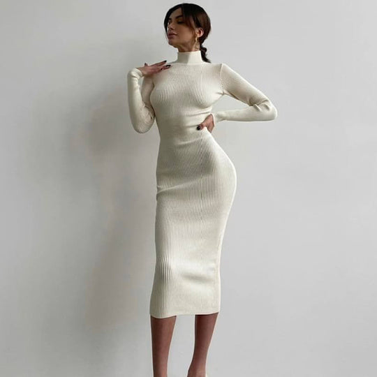 High Collar Mid Length Sunken Stripe Knitted Dress Women Solid Color Wool Tight Sexy Autumn Winter Dress