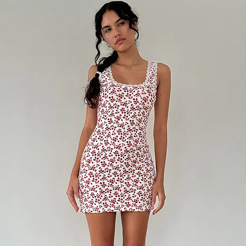 Women Clothing Summer Printed Sexy Lace Slim Shoulder Strap Dress