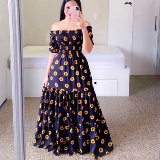 Spring Summer Women Clothing Dress off Shoulder Floral off Shoulder Long Printed Dress