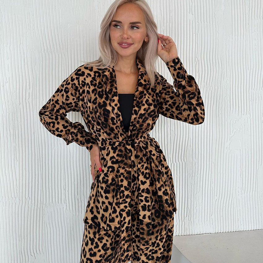 Autumn Leopard Print Loose Comfortable Long Sleeve Trousers Pajamas Two Piece Set Ladies Homewear