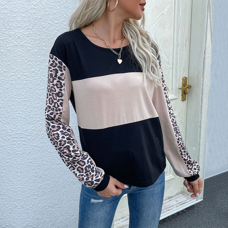 Autumn Loose Casual Top Leopard Print Stitching Long Sleeve T Women Sweatshirt