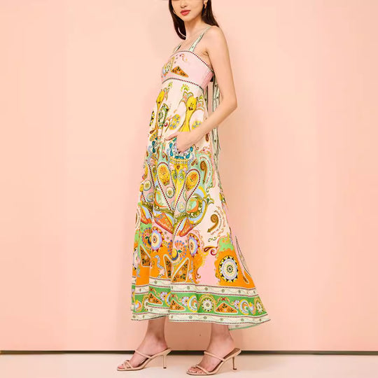 Sexy Women Clothing Sling Graffiti Printing Sleeveless Bow Swing Cotton Linen Dress