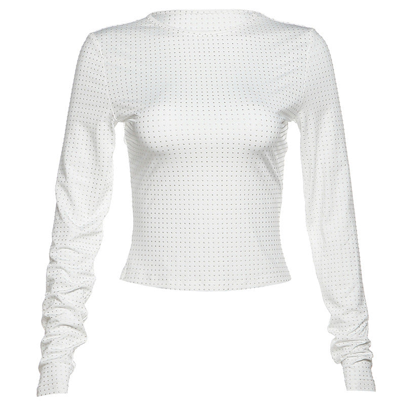 Spring Women Clothing round Neck Long Sleeve Rhinestone Fitted Short T-shirt Women