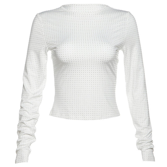 Spring Women Clothing round Neck Long Sleeve Rhinestone Fitted Short T-shirt Women