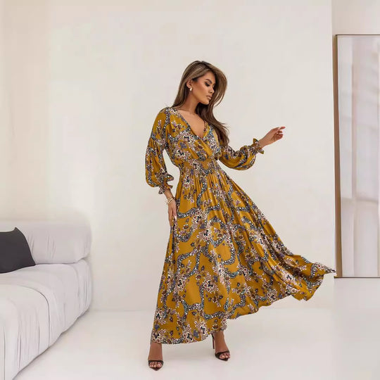 Women Clothing Women Clothing Printed V Neck Sexy Slit Long Sleeve Dress