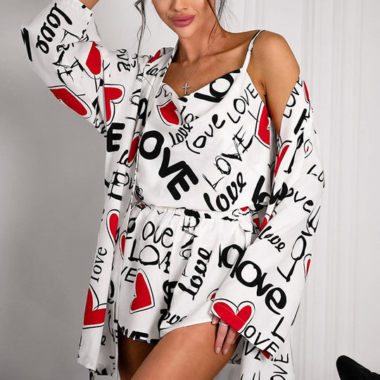 Summer Thin Letter Graphic Printing Long Sleeve Spaghetti Strap Slit Shorts Three Piece Set Ladies Homewear