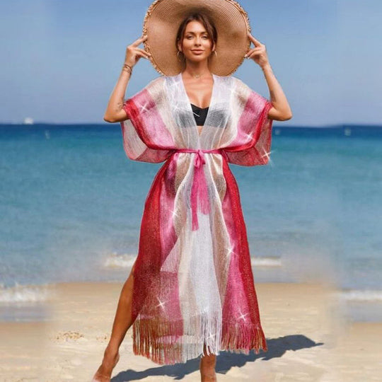Mesh Color Matching Beach Cover up Sexy Cardigan Loose Fitting Tassel Sun Protection Shirt Beach Cover Up