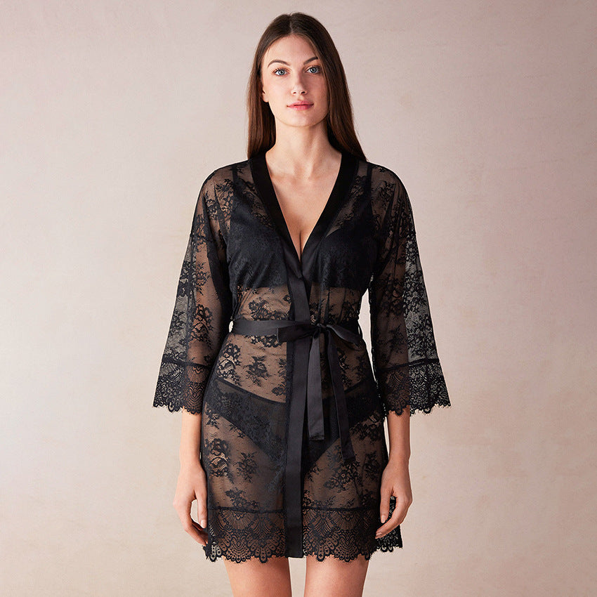 Summer Cardigan Sexy Sexy Lace Robe Lace Three Quarter Sleeve Hollow Out Cutout out Ladies Homewear